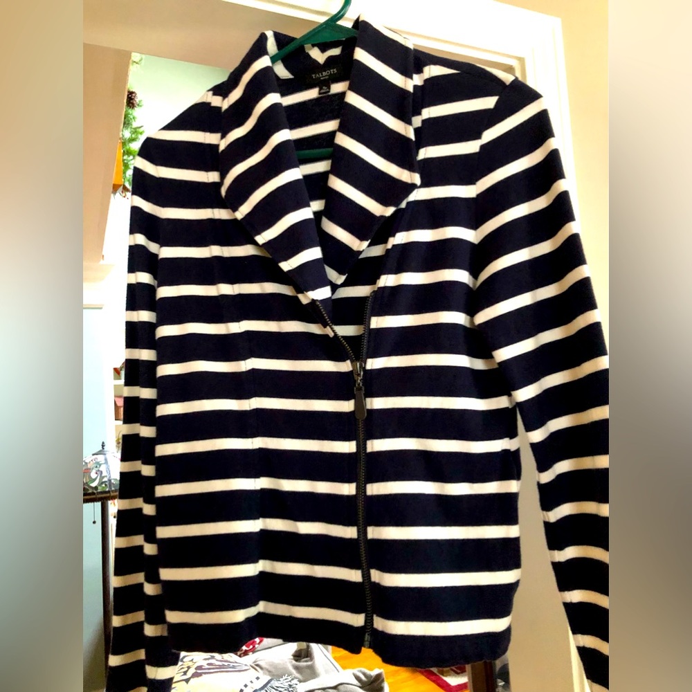 TALBOTS Navy & White Striped Unusual Zippered Top Sweater  Size SP